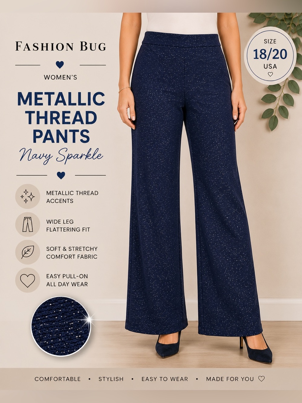 Fashion Bug Navy Metallic Thread Pull-On Wide Leg Pants Size 18/20 USA